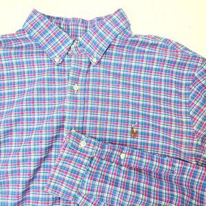 Ralph Laure Pink Blue Plaid Slim Fit Stretch Oxford Long Button Down Dress Shirt